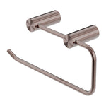 Nero New Mecca brushed bronze hand towel rail with cylindrical wall mounts and slim curved bar, angled view on white background