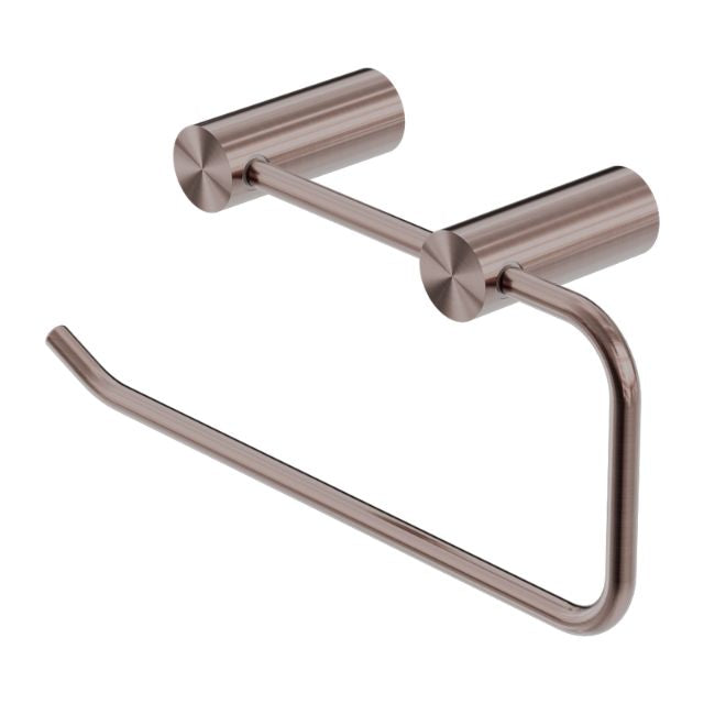 Nero New Mecca brushed bronze hand towel rail with cylindrical wall mounts and slim curved bar, angled view on white background