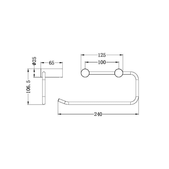 Nero New Mecca hand towel rail in brushed bronze, shown in technical drawing with dimensions and side view