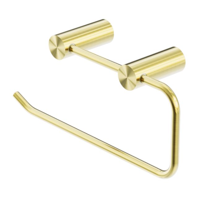 Nero New Mecca brushed gold hand towel rail with cylindrical wall mounts, shown on white background