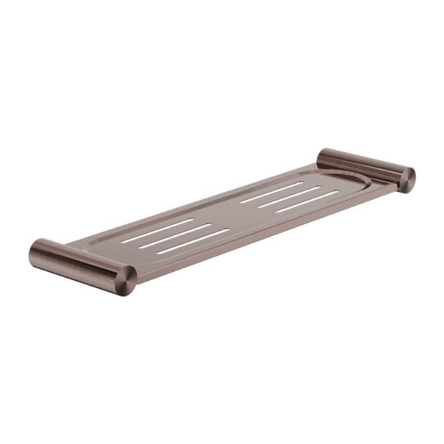 Nero New Mecca brushed bronze metal shower shelf with slotted tray and rounded ends