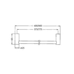 Technical drawing of Nero New Mecca single towel rail, showing 600mm width and 65mm projection in brushed bronze.