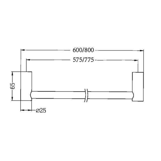 Technical drawing of Nero New Mecca single towel rail, showing 600/800mm width and 575/775mm fixing distance