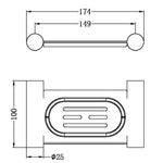 Nero New Mecca wall-mounted soap dish holder, brushed bronze, technical drawing with dimensions and oval dish layout