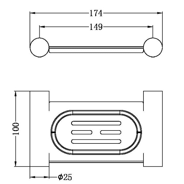 Nero New Mecca wall-mounted soap dish holder, brushed bronze, technical drawing with dimensions and oval dish layout