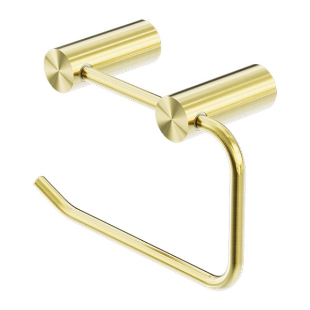 Nero New Mecca brushed gold toilet roll holder with wall-mount bracket and sleek cylindrical design