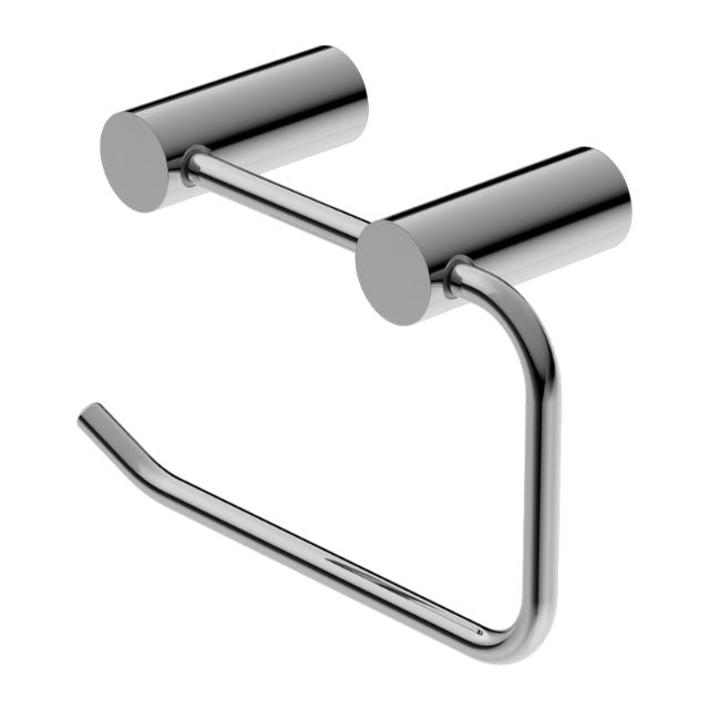 Nero New Mecca chrome toilet roll holder with modern tubular design and curved arm on white background