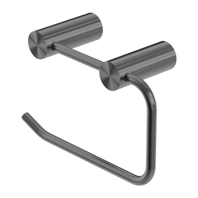 Nero New Mecca toilet roll holder in gun metal, wall-mounted stainless steel bathroom accessory with modern round design.
