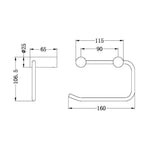Technical drawing of Nero New Mecca toilet roll holder with dimensions, matte black finish, wall-mounted side and front views