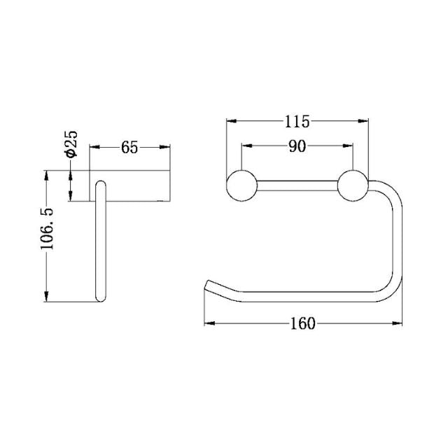Technical drawing of Nero New Mecca toilet roll holder with dimensions, matte black finish, wall-mounted side and front views