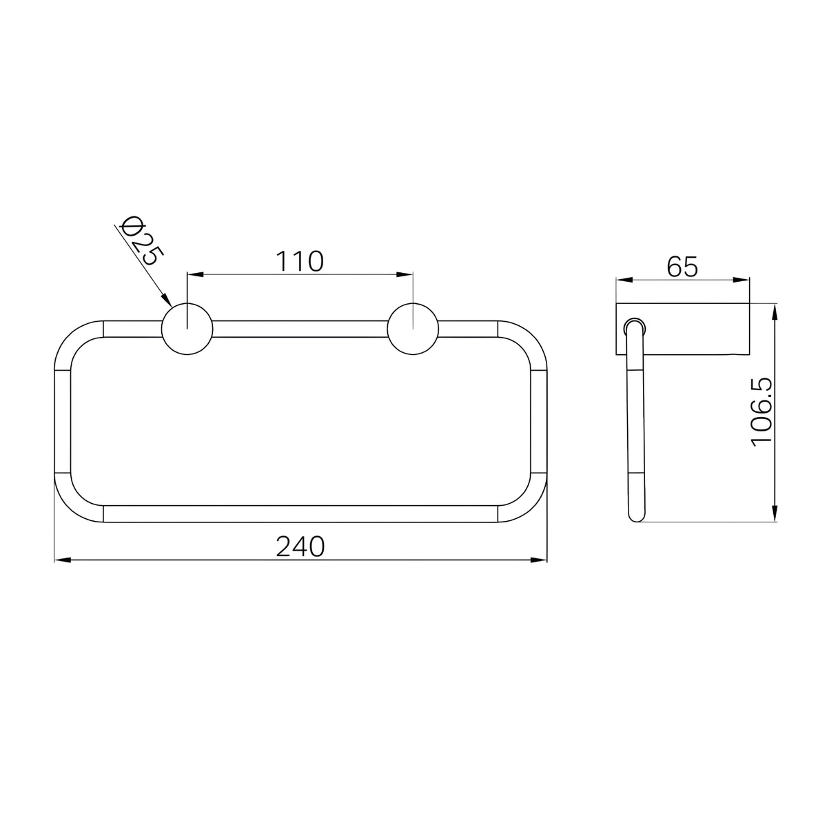 Technical drawing of Nero New Mecca towel ring, showing wall mount dimensions 240mm wide and 106.5mm high in brushed bronze outline