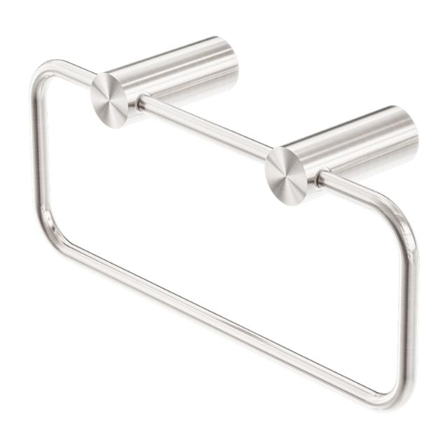 Nero New Mecca towel ring in brushed nickel, stainless steel, shown in angled view on white background