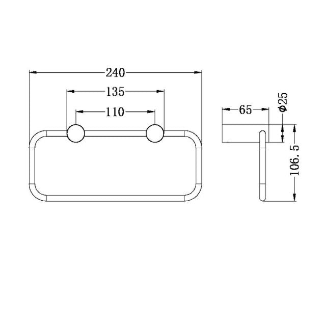 Nero New Mecca towel ring technical drawing in matte black, showing 240mm width and 106.5mm height