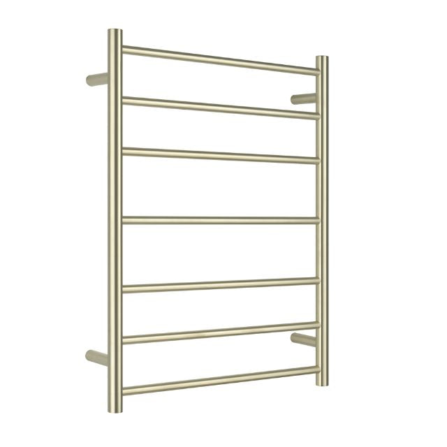 Nero non-heated towel ladder in brushed gold, seven-bar bathroom rail on a white background