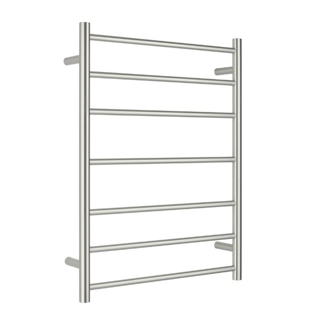 Nero non-heated towel ladder in brushed nickel, freestanding 7-bar bathroom towel rack on white background