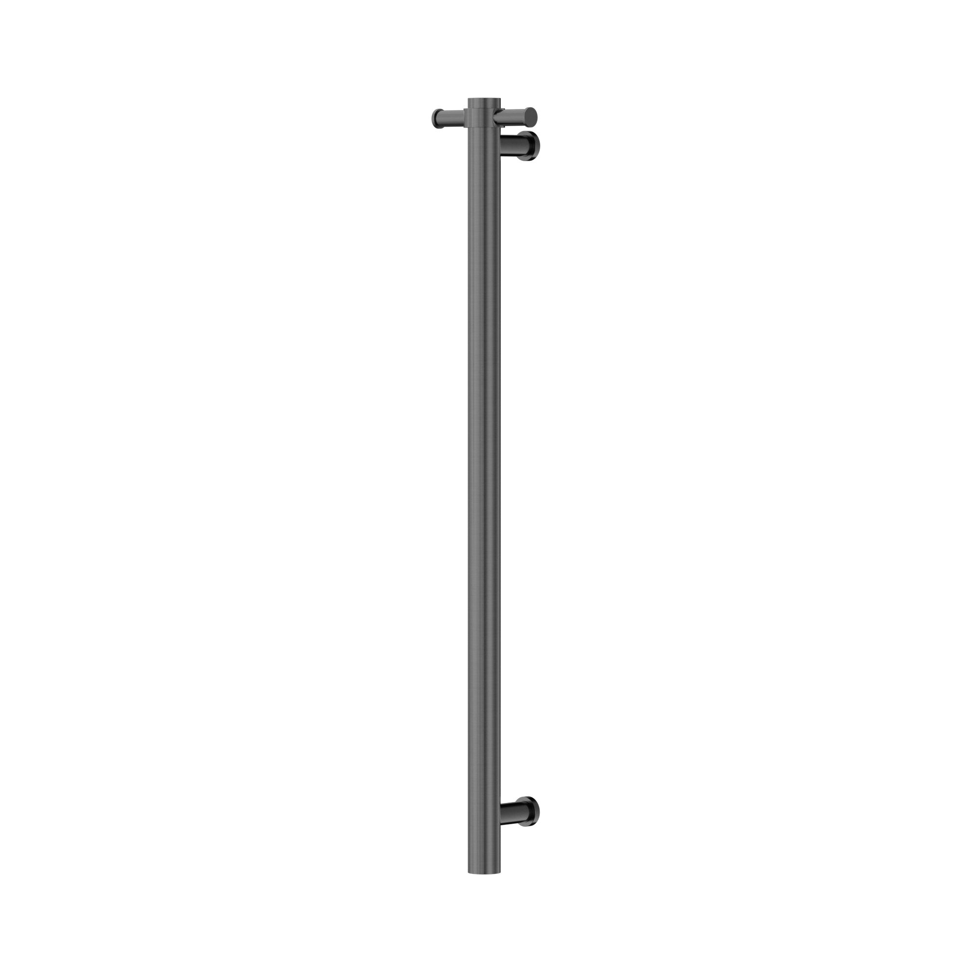 Nero vertical towel rail in graphite finish with integrated robe hooks, shown on a white background