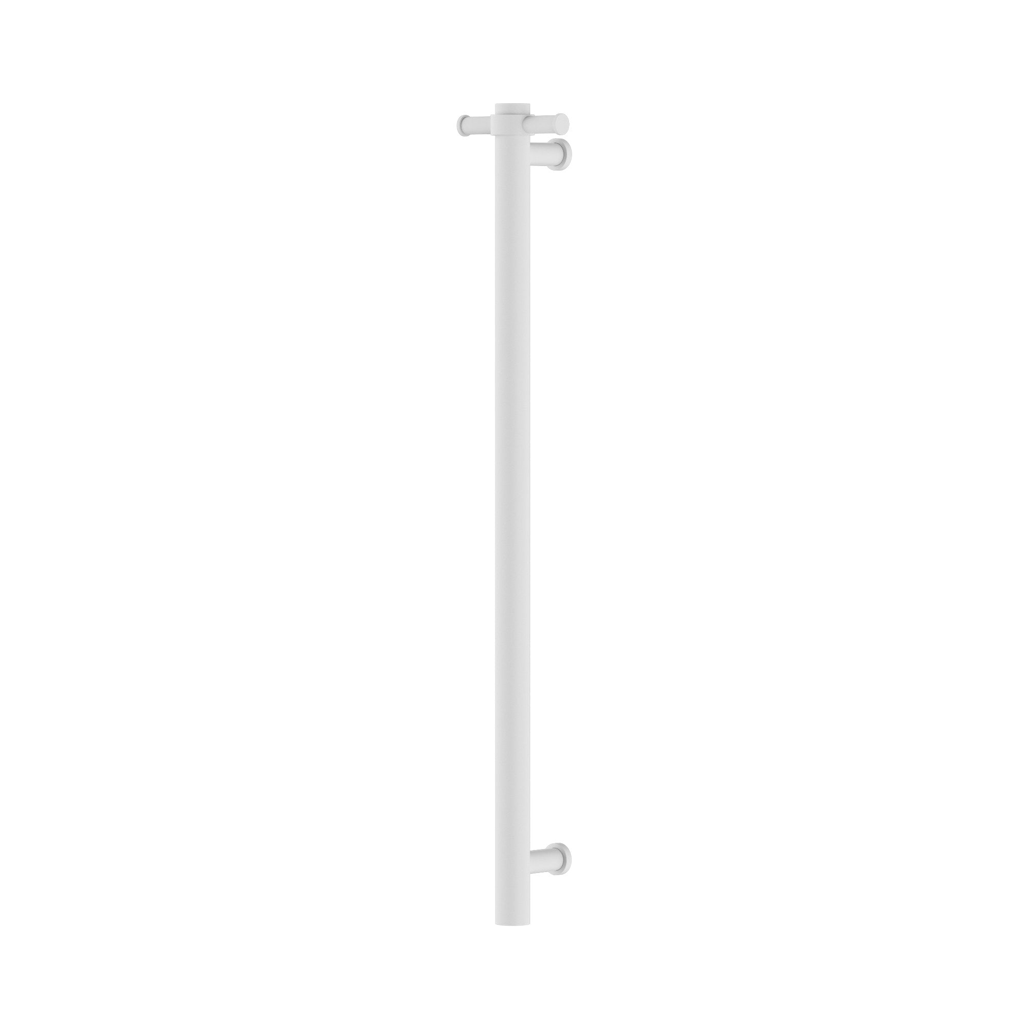 Nero vertical towel rail 900mm in matte white, slim wall-mounted design with robe hooks on a white background