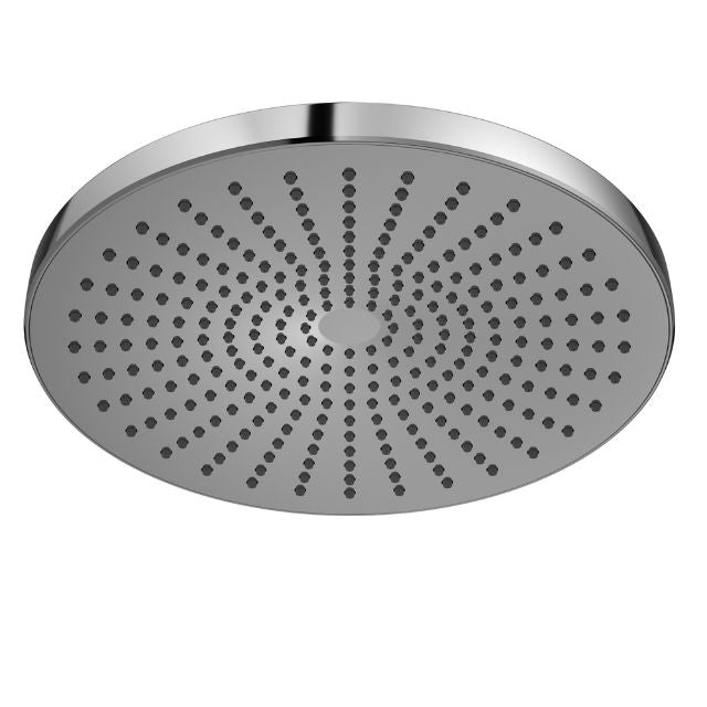 Nero Opal round shower head, chrome finish, front view with 250mm rain-style spray nozzles