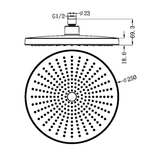 Nero Opal 250mm round shower head chrome, front and side technical drawing with dimensions and single spray face