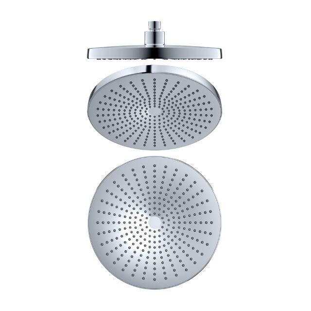 Nero Opal 250mm round shower head in chrome, shown from front and side on white background
