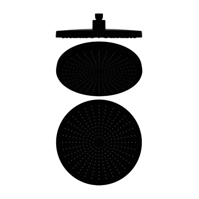 Nero Opal 250mm matte black round shower head, front and side views on white background