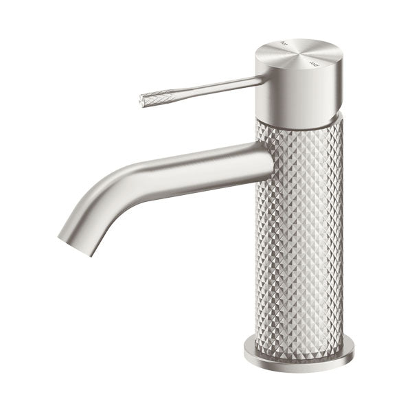 Nero Opal basin mixer in brushed nickel with knurled body and pin lever handle