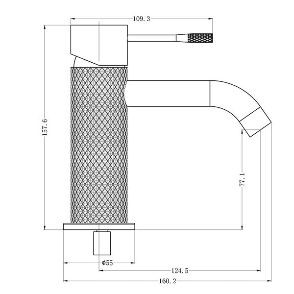 Technical drawing of Nero Opal basin mixer in brushed nickel, showing side profile and dimensions with knurled body and pin lever handle