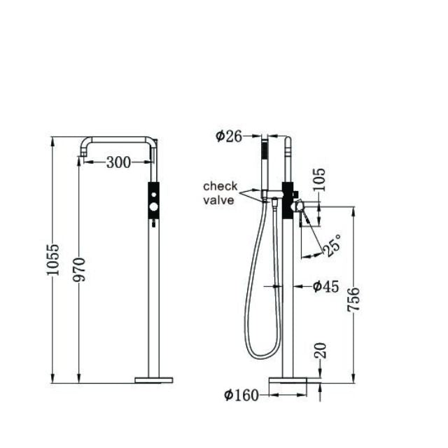 Nero Opal freestanding bath mixer with hand shower, brushed gold, floor-mounted technical drawing with dimensions