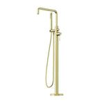 Nero Opal freestanding bath mixer with hand shower in brushed gold, floor-mounted bath tap on white background