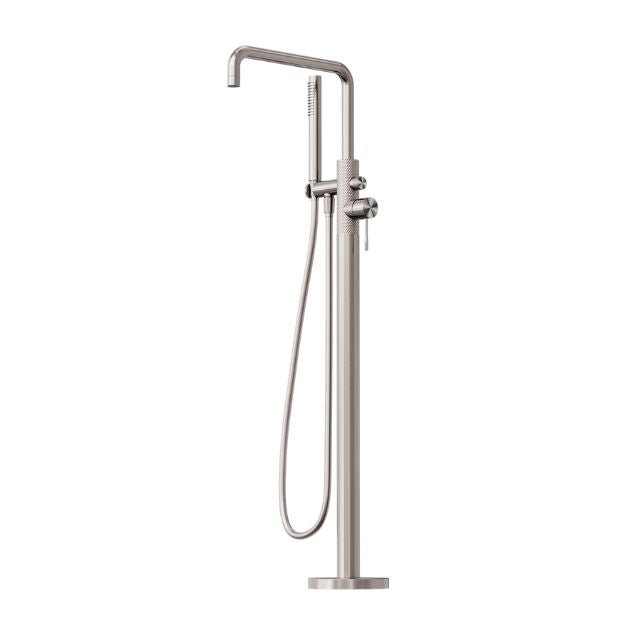 Nero Opal freestanding bath mixer with hand shower in brushed nickel, floor-mounted tap with round base and square spout head