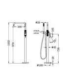 Nero Opal freestanding bath mixer with hand shower graphite, technical dimension drawing, floor-mounted tap side view with measurements