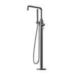 Nero Opal freestanding bath mixer with hand shower in graphite, floor-mounted tap on white background