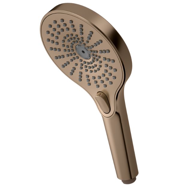 Nero Opal brushed bronze hand shower with oval head and slide button, shown on white background