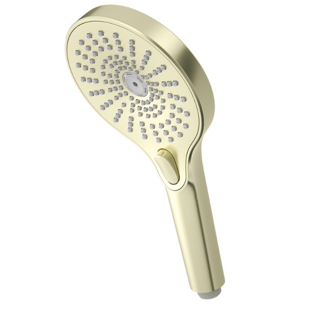 Nero Opal brushed gold hand shower with oval head, multiple spray nozzles and slide button control on white background