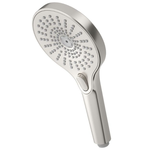 Nero Opal brushed nickel hand shower with oval head and slide button, single front view
