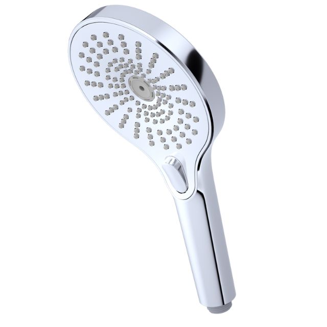 Nero Opal chrome hand shower with oval head and slide-button control, shown on white background