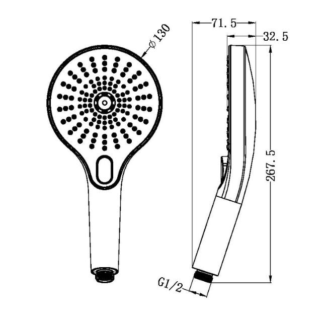 Nero Opal hand shower graphite technical drawing, front and side views with dimensions and G1/2 connection