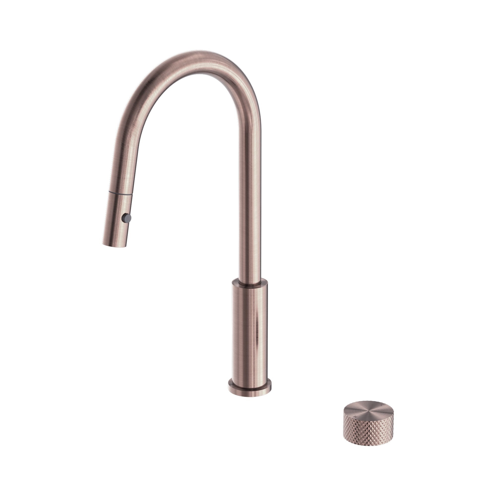 Nero Opal pull out kitchen mixer in brushed bronze, shown with separate knurled hand wheel on white background