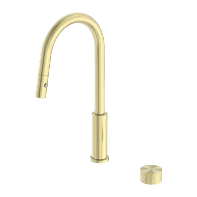 Nero Opal pull out kitchen mixer in brushed gold, shown with a curved spout and separate progressive handle knob on white background