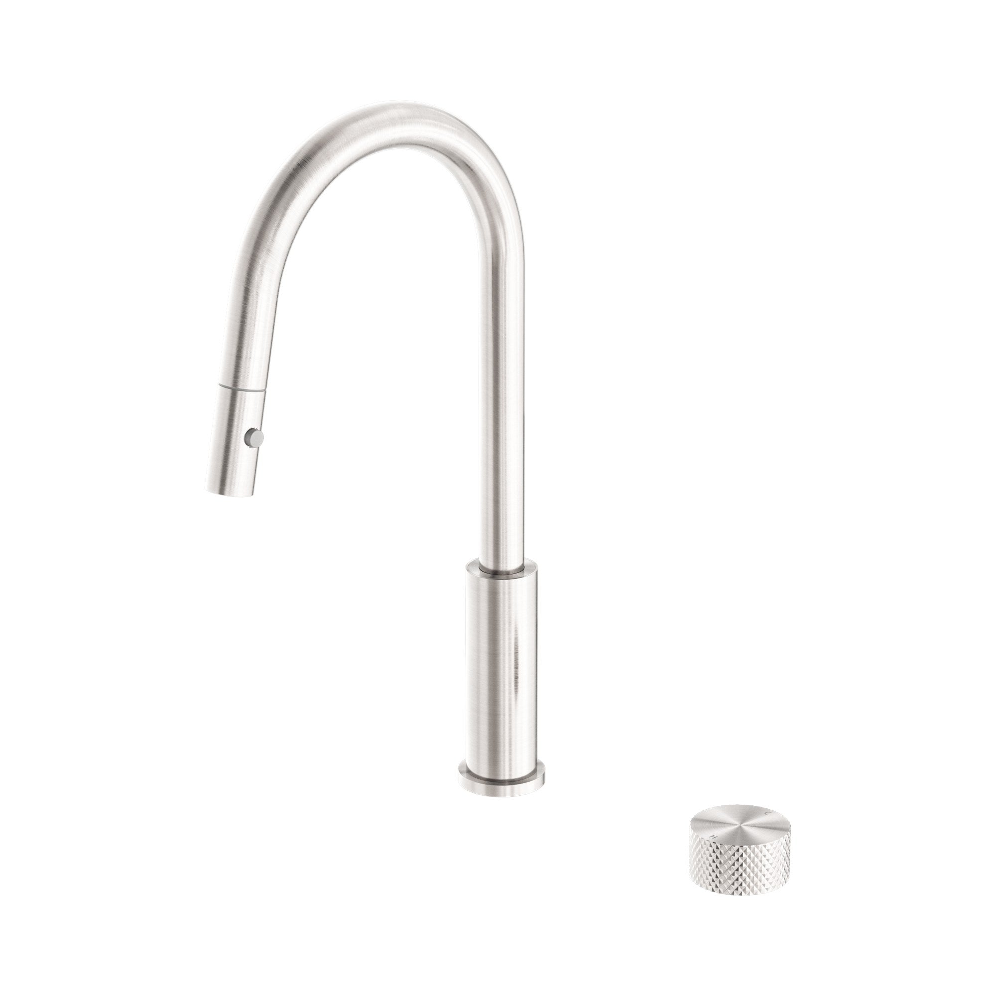 Nero Opal pull out kitchen mixer in brushed nickel, with tall arched spout and knurled progressive control knob on white background