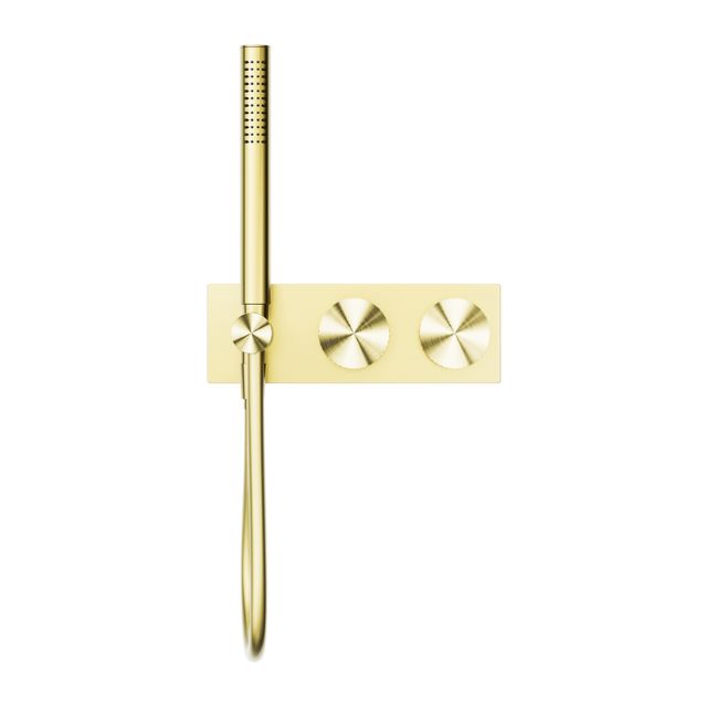 Nero Opal progressive shower system in brushed gold, wall-mounted with slim hand shower and round control plates