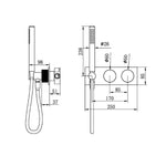 Technical drawing of Nero Opal progressive shower system in brushed gold, showing wall-mounted handset and round wall plates with measurements.