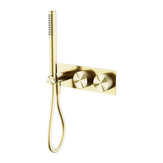 Nero Opal wall-mounted progressive shower system in brushed gold with slim hand shower and round control plates