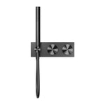 Nero Opal progressive shower system in graphite, wall-mounted with round controls and handheld shower on slimline plate