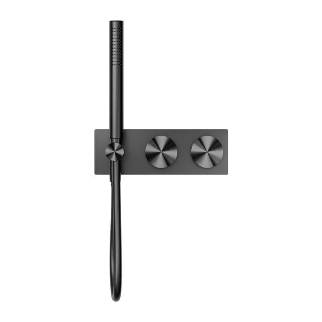 Nero Opal progressive shower system in graphite, wall-mounted with round controls and handheld shower on slimline plate