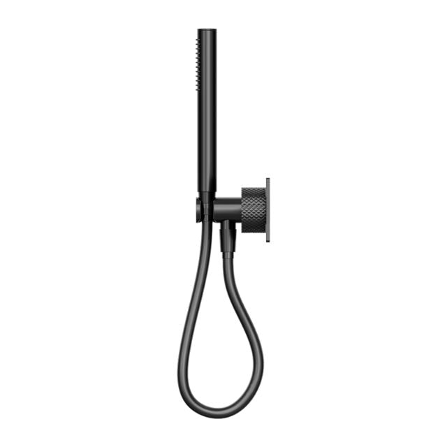 Nero Opal Progressive shower system in graphite, wall-mounted concealed mixer with handheld shower and hose.