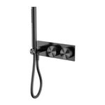 Nero Opal progressive shower system in graphite, wall-mounted with round control plates and handheld shower on a rectangular backplate