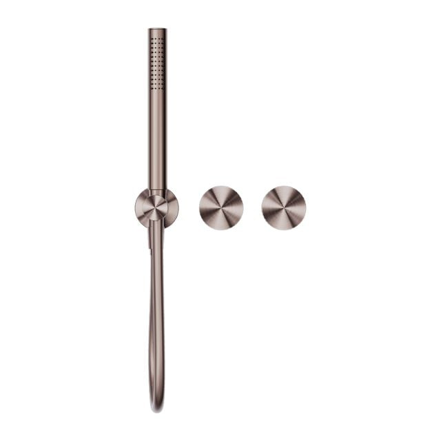 Nero Opal progressive shower system in brushed bronze, wall-mounted with separate round plates and handheld rail showerhead