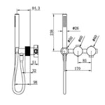 Technical drawing of Nero Opal progressive shower system separate plate, with wall-mounted hand shower and control dimensions in black line art