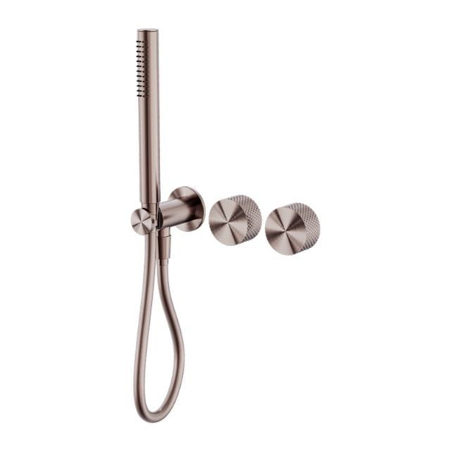 Nero Opal progressive shower system in brushed bronze, wall-mounted with separate plate and hand shower hose